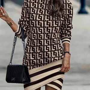 Women Fashion Long Sleeves Turtleneck Geometric Colorful Print Hemline Dress